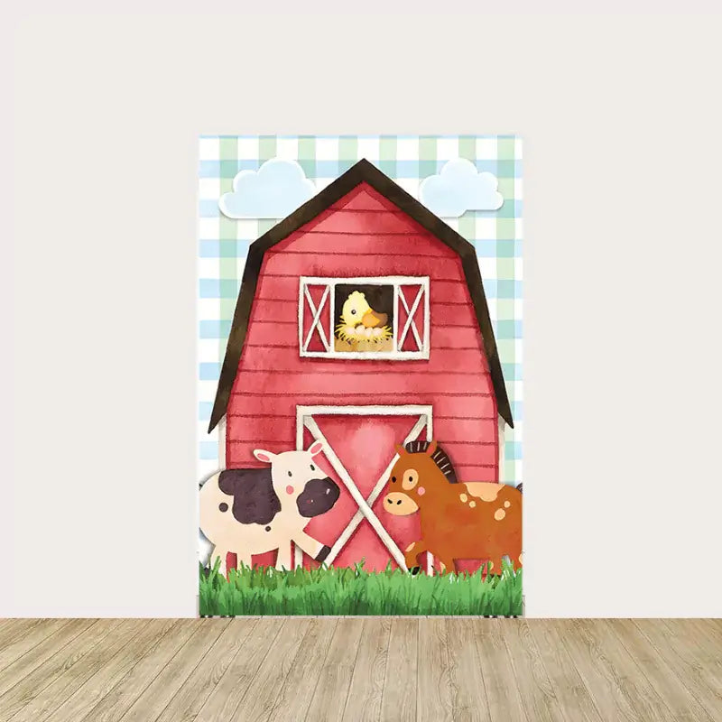 Center panel with a red barn, cow, horse, and a chick in the window, set on a green plaid background—ideal for farm-themed birthday parties or baby showers.