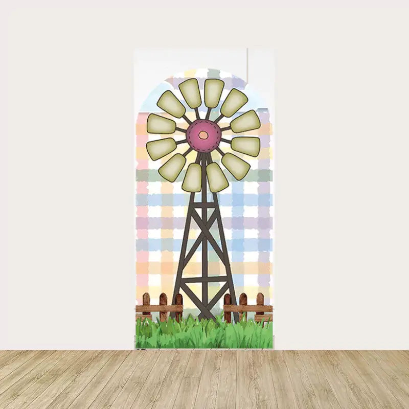 Left panel featuring a windmill and wooden fence over a pastel plaid background with grass along the bottom—perfect for rustic or farm-themed events.