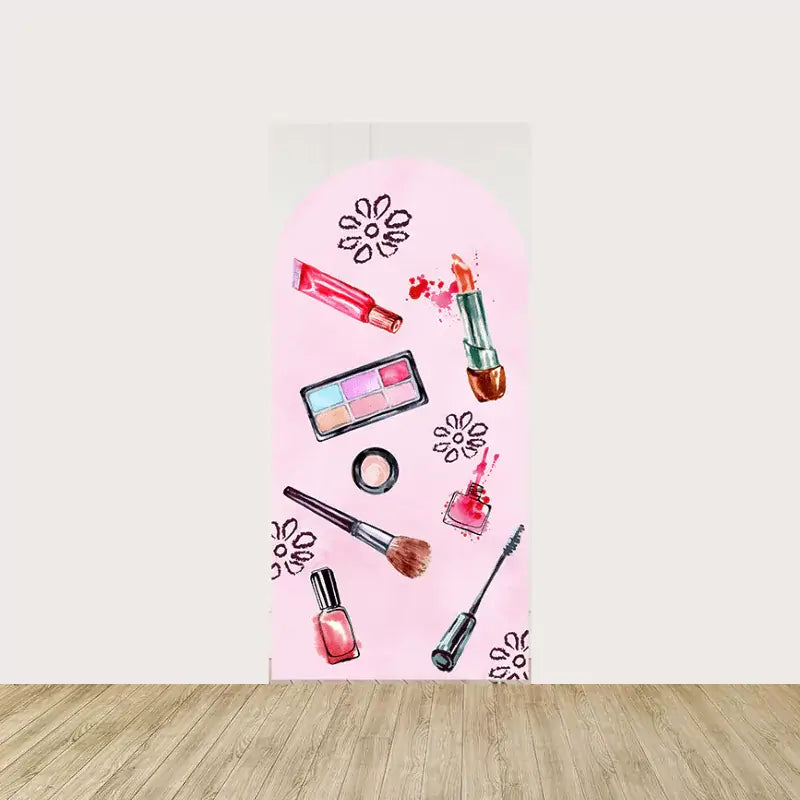 Various makeup items including lipstick, blush, mascara, and eyeshadow scattered on a pink backdrop, perfect for a fashion-forward event.