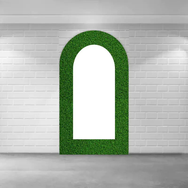 Center panel with faux green grass texture forming a modern arch frame—ideal for photo ops or as a nature-inspired party backdrop.