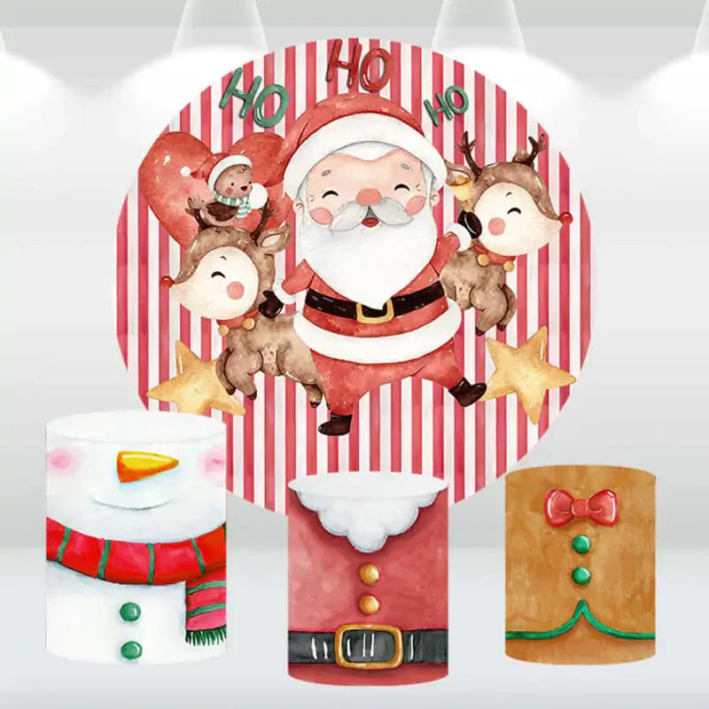 Festive Christmas-themed round backdrop with Santa Claus and reindeer, along with three matching cylindrical pedestal covers featuring snowman, Santa suit, and gingerbread designs