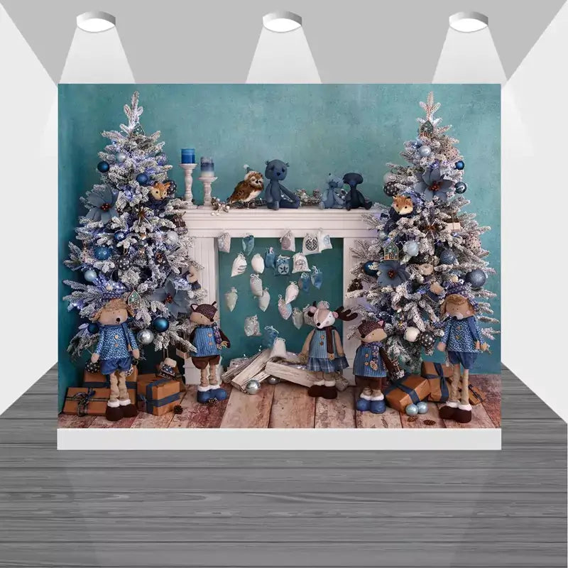 Seasonal photo backdrop featuring teddy bears, sparkling ornaments, and a beautifully adorned fireplace.