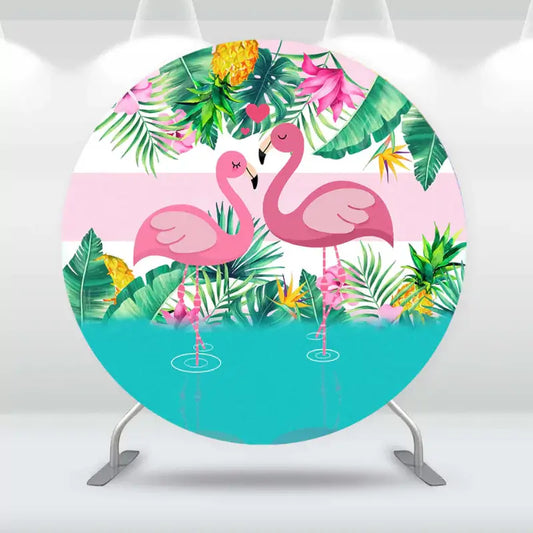 Two pink flamingos with hearts in a tropical jungle theme backdrop with palm leaves and pineapples.