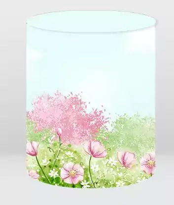 floral backdrop cylinder cover with pink and green garden design