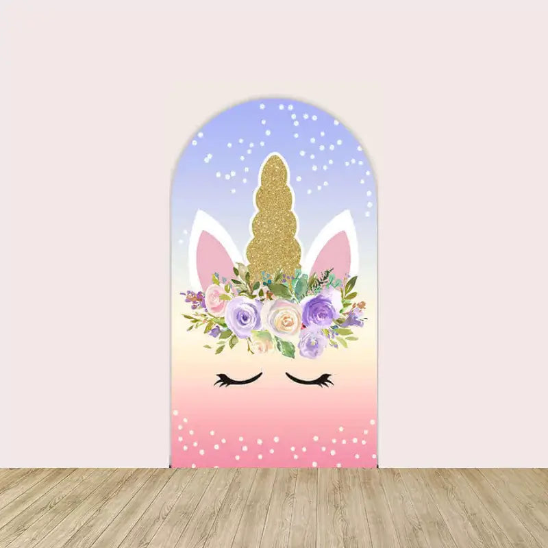 Center panel featuring a glitter gold unicorn horn, pink ears, closed lashes, and purple floral crown—ideal for magical birthday or baby shower decor.