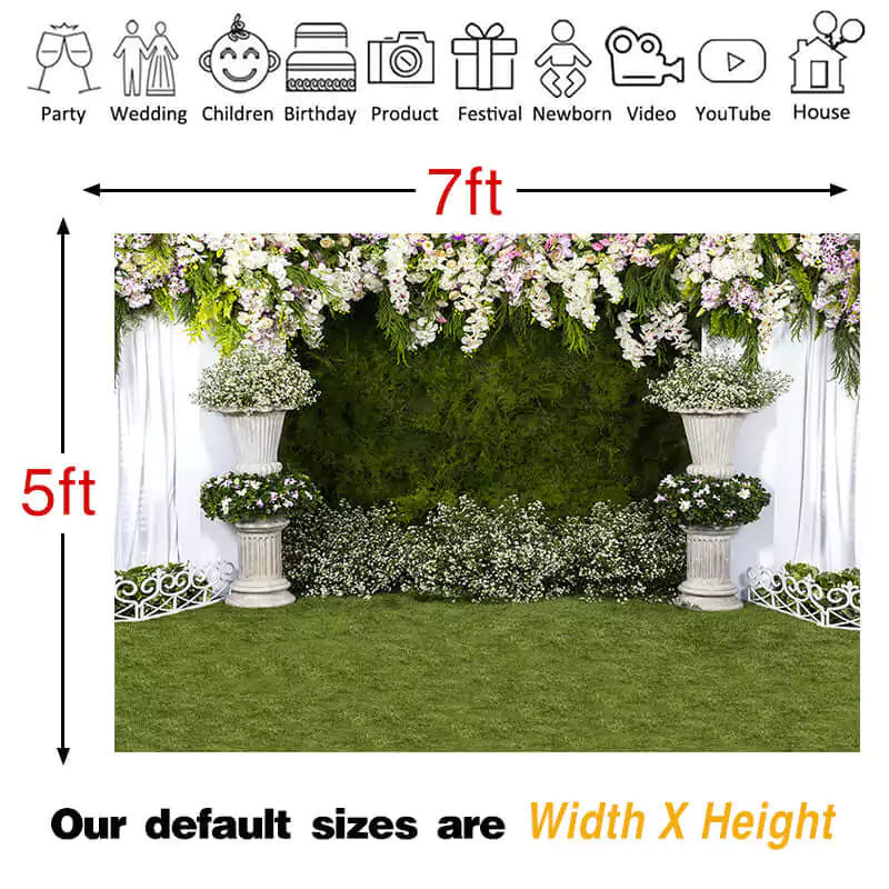Floral arch wedding backdrop with white and purple flowers, greenery, and lush lawn – ideal for photo booths and garden party decorations