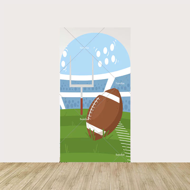 Arch panel showing a football stadium with a goalpost, green grass, and football landing on the field—great for sporty party decor.