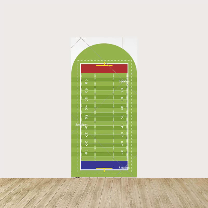 Arch panel featuring a full football field layout with yard lines marked from 0 to 50—perfect for game day party or sports birthday themes.