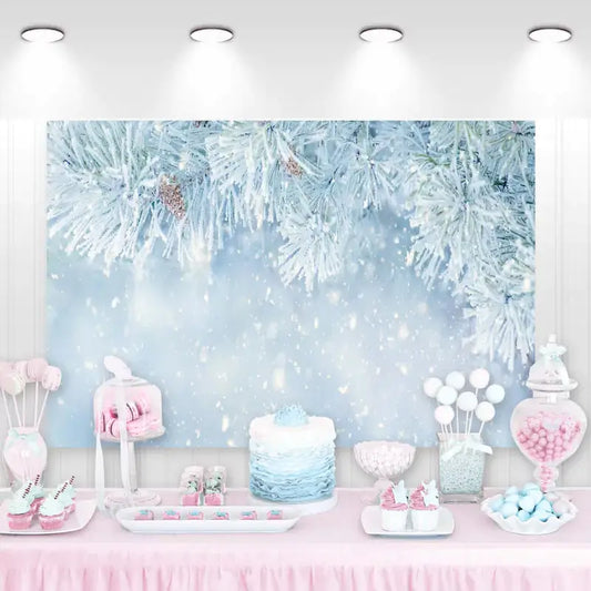 Winter backdrop with frosted pine branches, snowy pinecones, and soft snowfall – perfect for Christmas parties, winter weddings, or seasonal photography