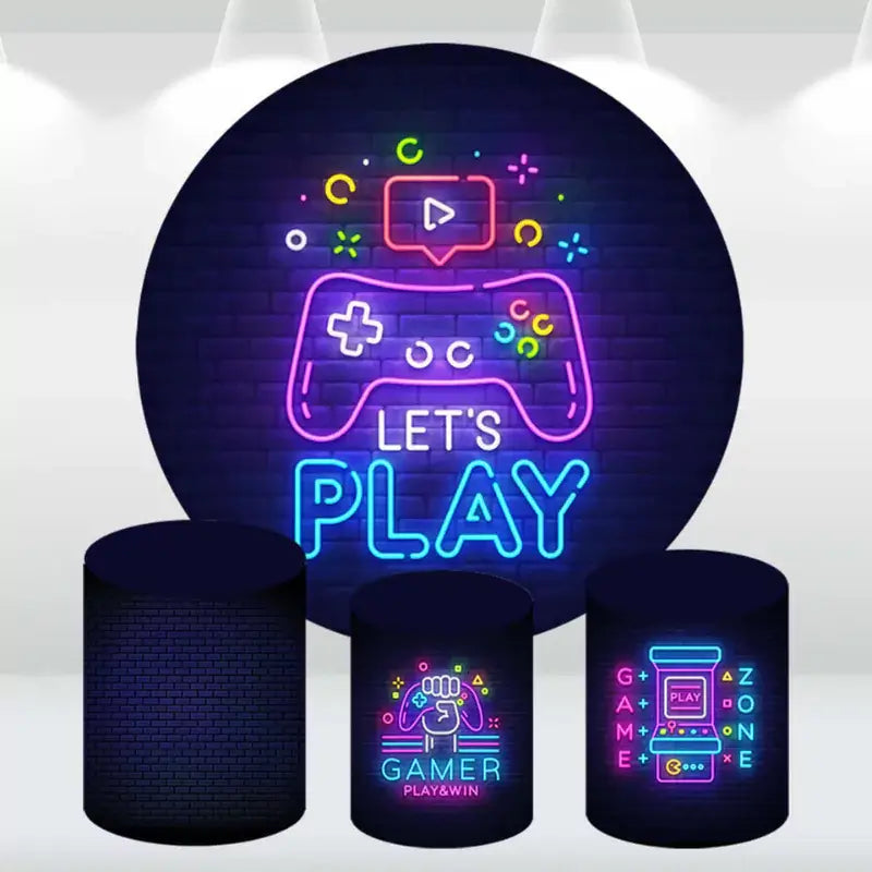 Round neon gaming-themed backdrop with 'Let's Play' text and video game controller, paired with three matching cylinder covers featuring neon designs of arcade machines and gaming symbols.