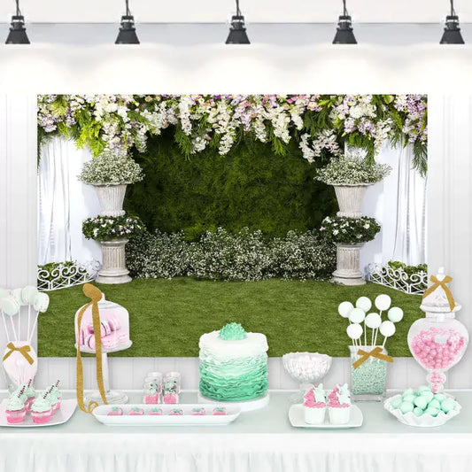 Elegant garden party backdrop with lush greenery and blooming flowers – perfect for weddings, baby showers, or garden-themed celebrations