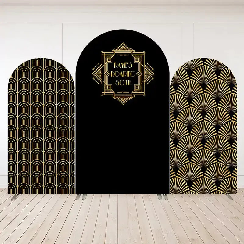 Three-panel black and gold Art Deco arch backdrop set with geometric and fan patterns and a central “Raye’s Roaring 50th” vintage design.