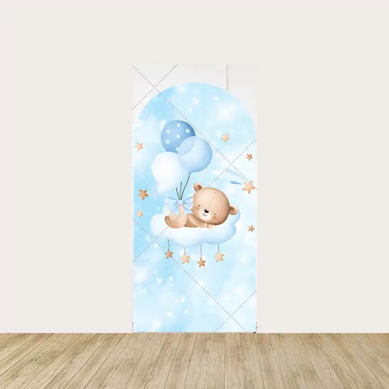 Arch panel featuring a teddy bear with blue balloons floating on a cloud surrounded by golden stars—perfect for a boy gender reveal party.