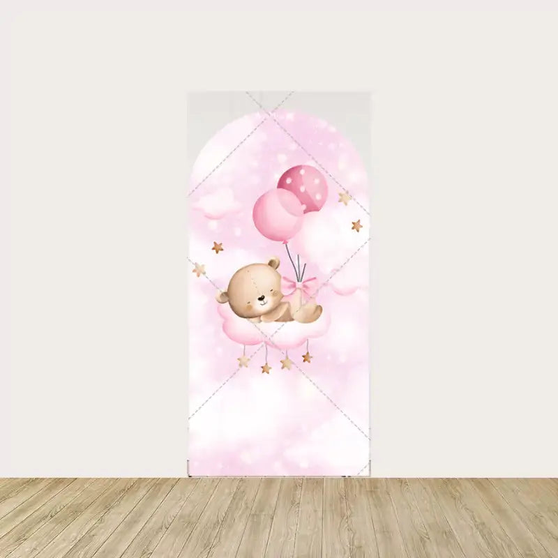 Arch panel featuring a teddy bear with pink balloons floating on a cloud surrounded by golden stars—ideal for a girl gender reveal party.