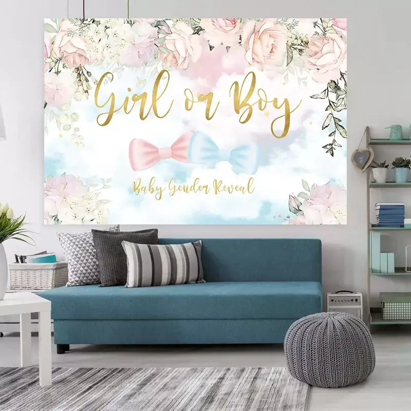 Baby gender reveal backdrop featuring soft pink and blue clouds, floral border, and gold ‘Girl or Boy’ lettering – ideal for photo booth or dessert table setup.