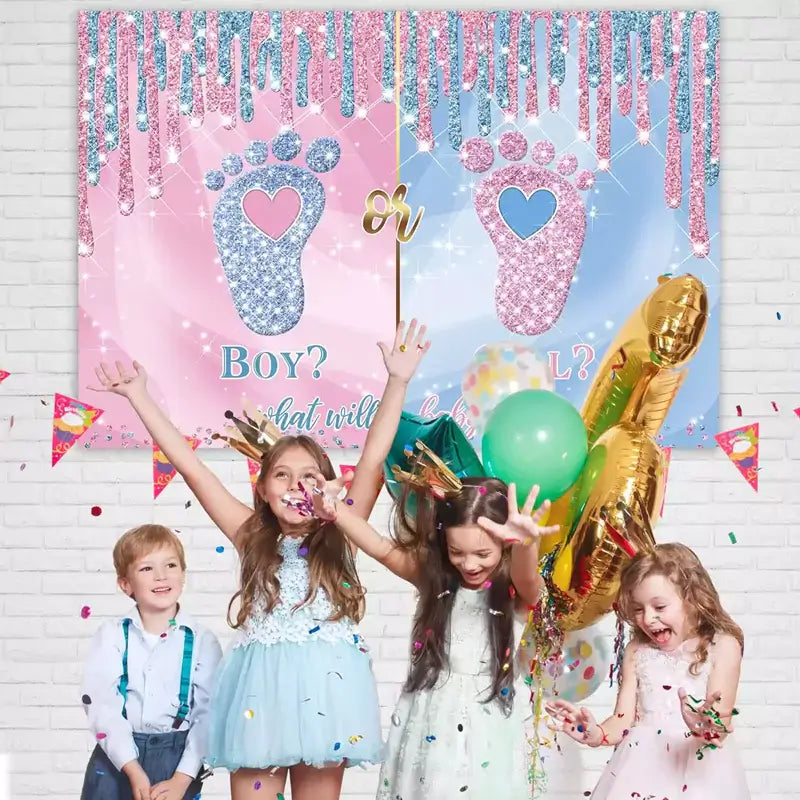 Beautiful glittery gender reveal banner with pink and blue footprints and sparkling accents – ideal for a ‘Boy or Girl?’ celebration