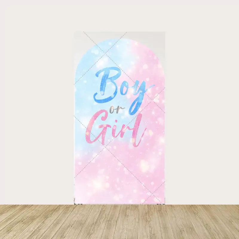 Arch panel displaying a "Boy or Girl" text in pastel blue and pink, ideal for a baby gender reveal or shower event.