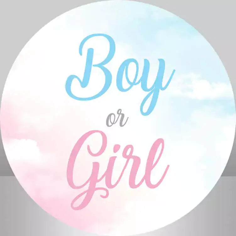 Soft pastel circular backdrop for gender reveal party featuring cloudy sky background and bold pink and blue typography