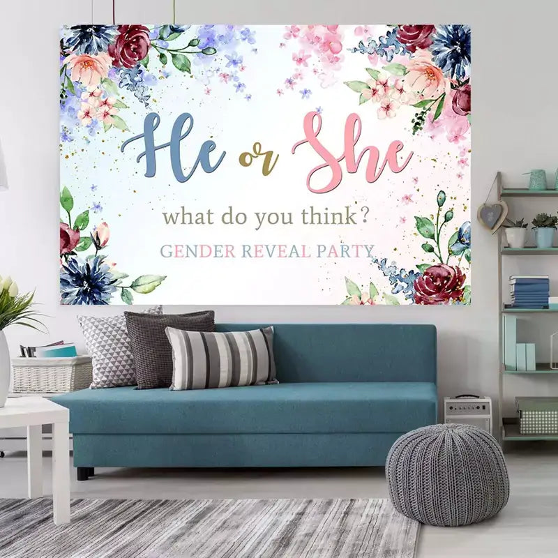 Floral gender reveal backdrop featuring pink and blue watercolor flowers, ‘He or She’ lettering, and soft pastel background – ideal for party photos.