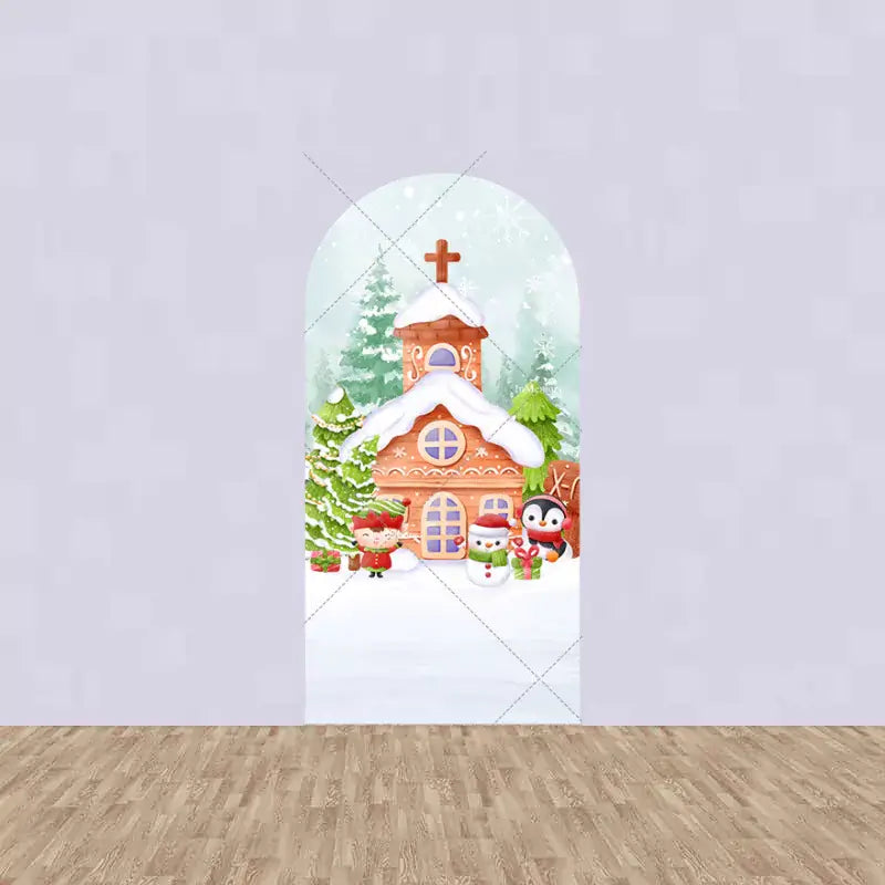 Center panel with a gingerbread-style church surrounded by Christmas trees, elf, snowman, penguin, and gift boxes.