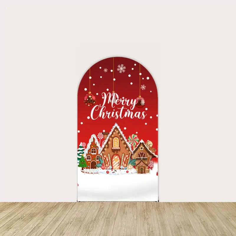 Center panel with decorated gingerbread houses, candy accents, and “Merry Christmas” text under hanging ornaments—perfect holiday centerpiece.