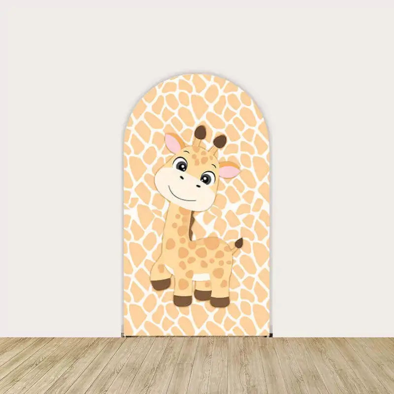 Left arch with a happy cartoon giraffe on a tan giraffe print background.
