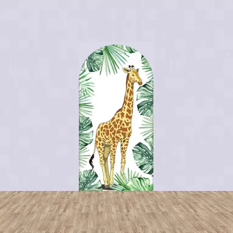 Left arch with watercolor giraffe surrounded by tropical jungle leaves – part of a safari animal party backdrop set.