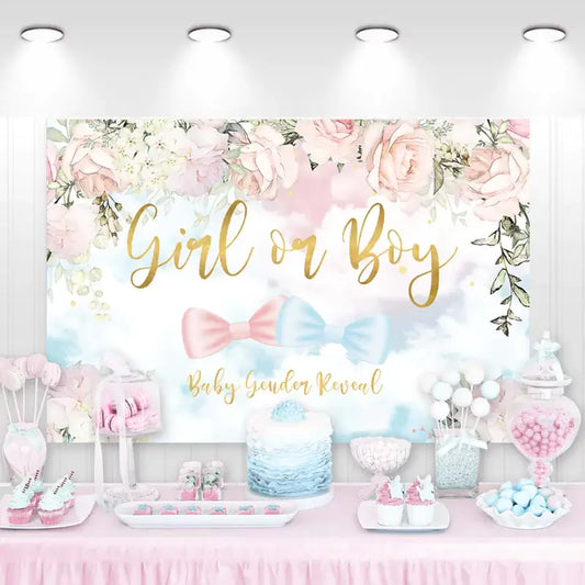 Floral gender reveal party backdrop with pastel pink and blue bows, gold script text ‘Girl or Boy’, and watercolor roses – perfect for elegant baby reveal celebrations.