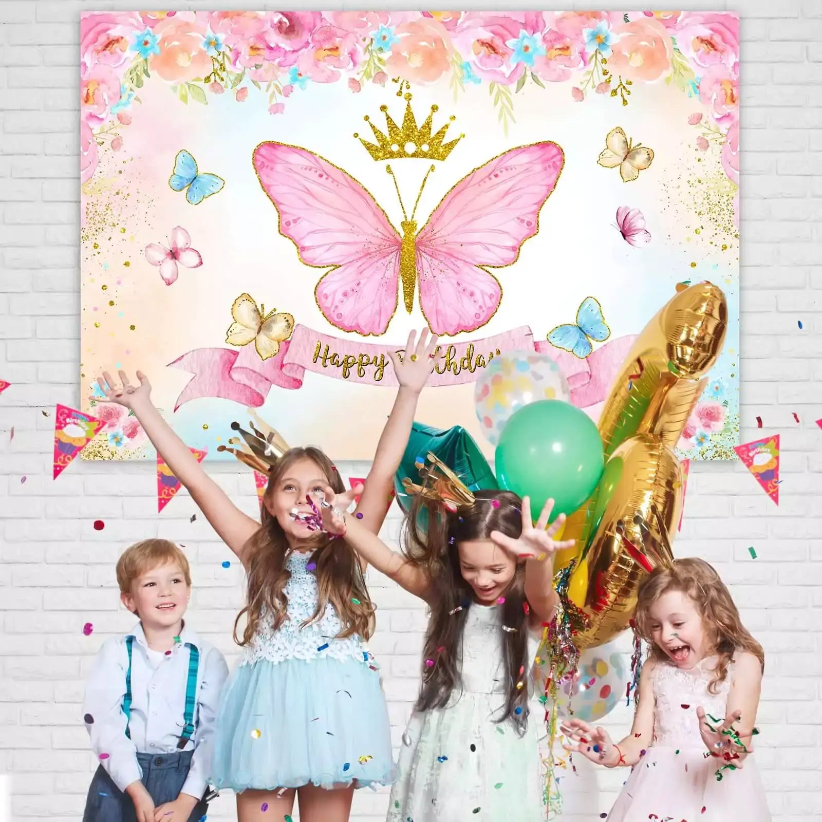 Whimsical birthday backdrop featuring a large pink butterfly with a crown, surrounded by pastel flowers and sparkles – ideal for a girl's birthday party.