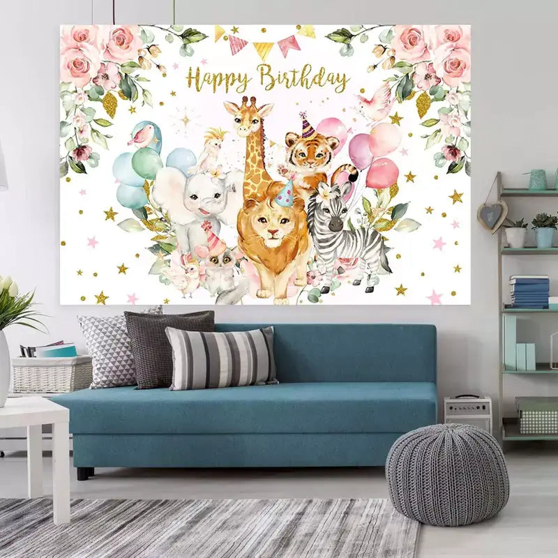 Happy Birthday banner with cute baby safari animals, pink balloons, floral garlands, and gold stars – perfect for a girl’s jungle-themed birthday party.