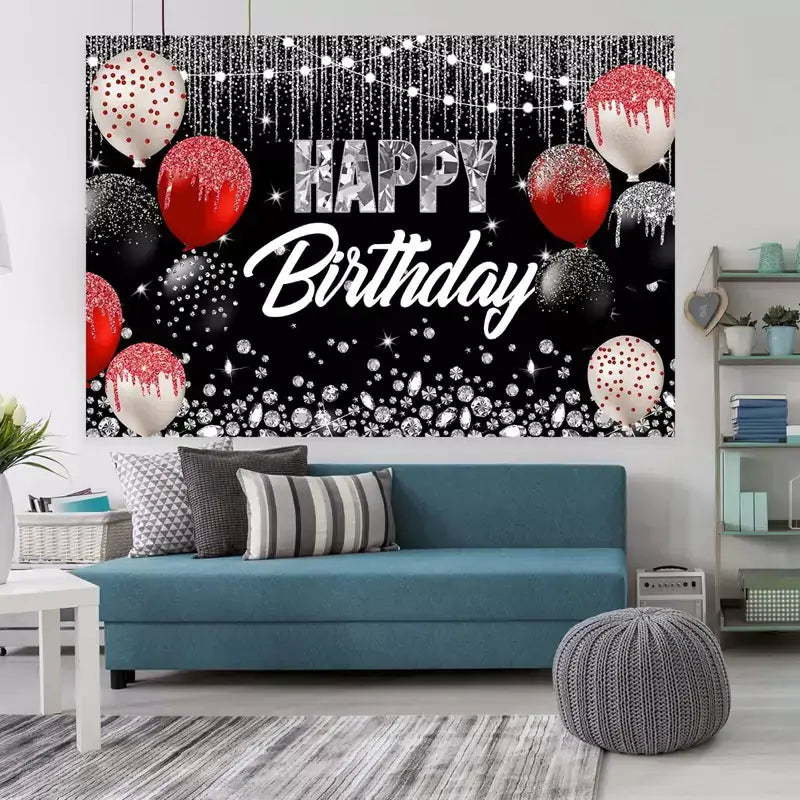 Red and silver balloon birthday backdrop with dripping glitter effect and diamond-style accents on a black background – ideal for glam birthday parties.