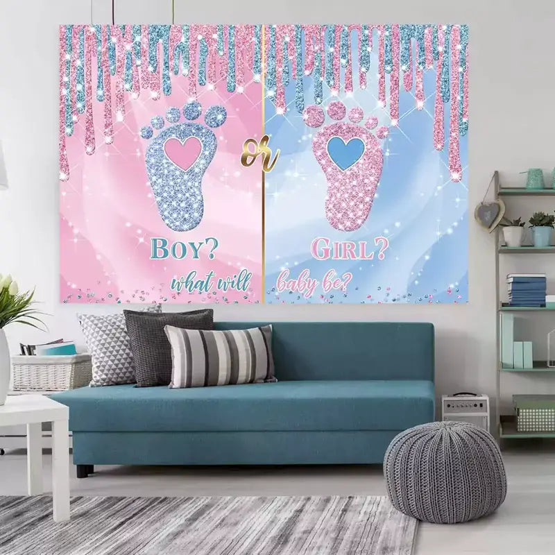 Sparkling boy or girl gender reveal backdrop featuring pink and blue footprints with heart shapes – perfect for baby shower decorations