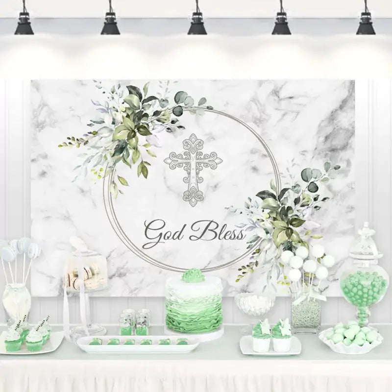 Elegant God Bless party backdrop with floral greenery, marble texture, and ornate cross – perfect for baptism, christening, or first communion celebrations