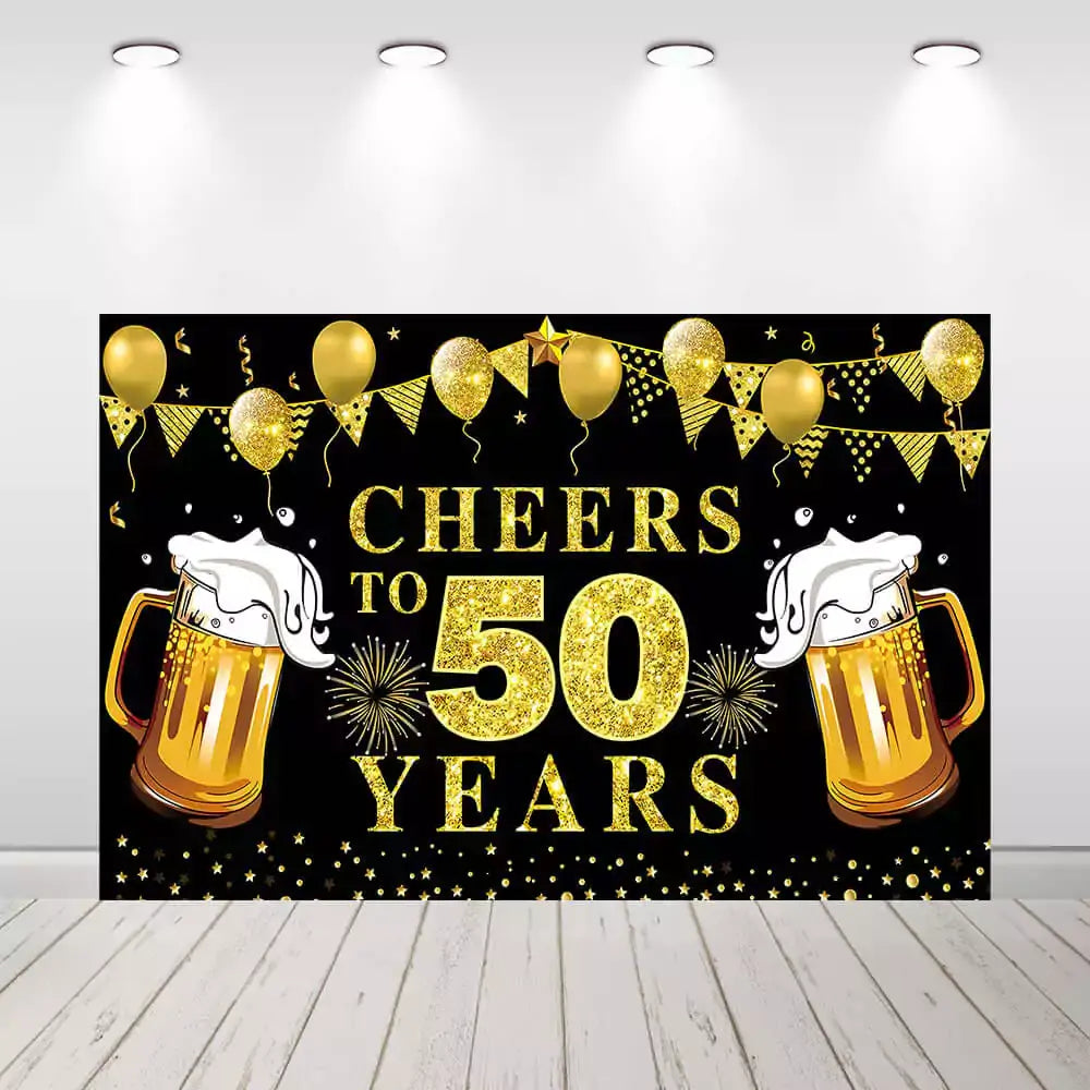 Cheers to 50 backdrop with beer glasses, glittery gold number 50, and celebratory elements – ideal for party photos and milestone decor