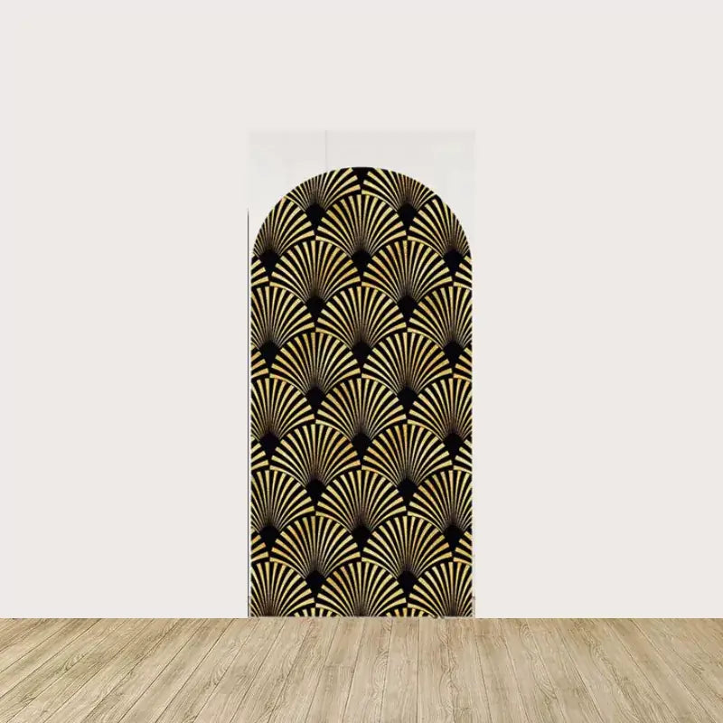 Arch panel showcasing a classic gold and black fan-shaped Art Deco pattern—stylish decor for Gatsby-themed or Roaring 20s parties.