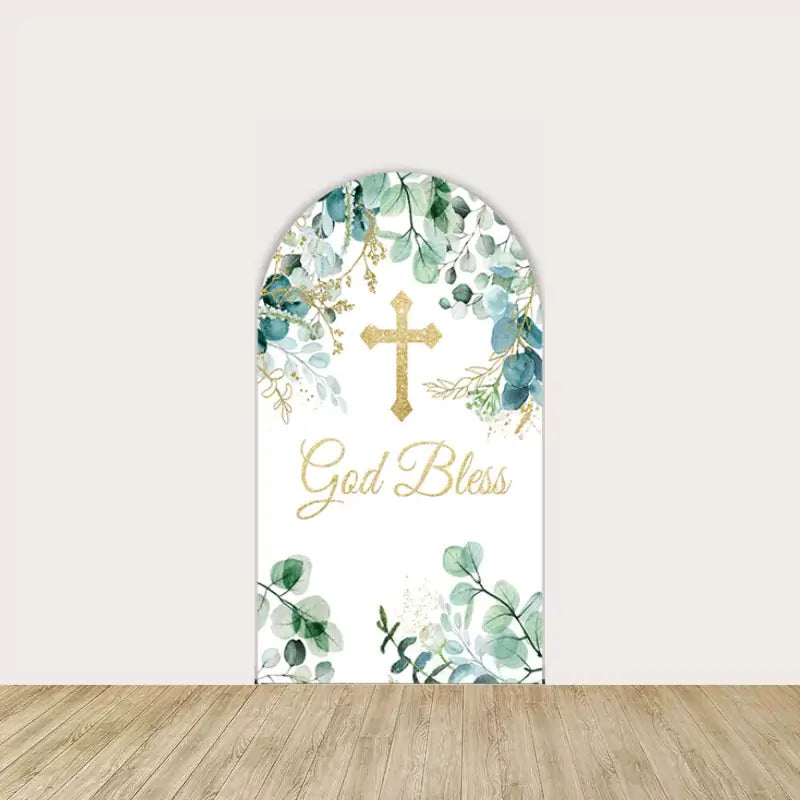 Center panel with gold glitter-style cross, “God Bless” script, and surrounding eucalyptus greenery—spiritual and graceful centerpiece.