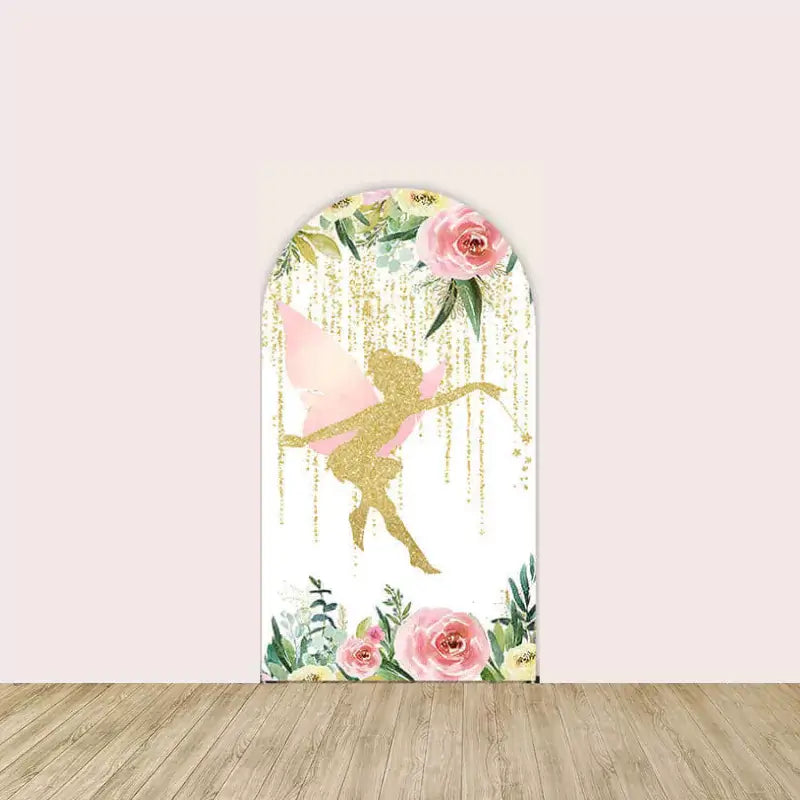 Left arch showing a golden fairy silhouette with glittering stars and cascading gold drapes, surrounded by pink roses and greenery.