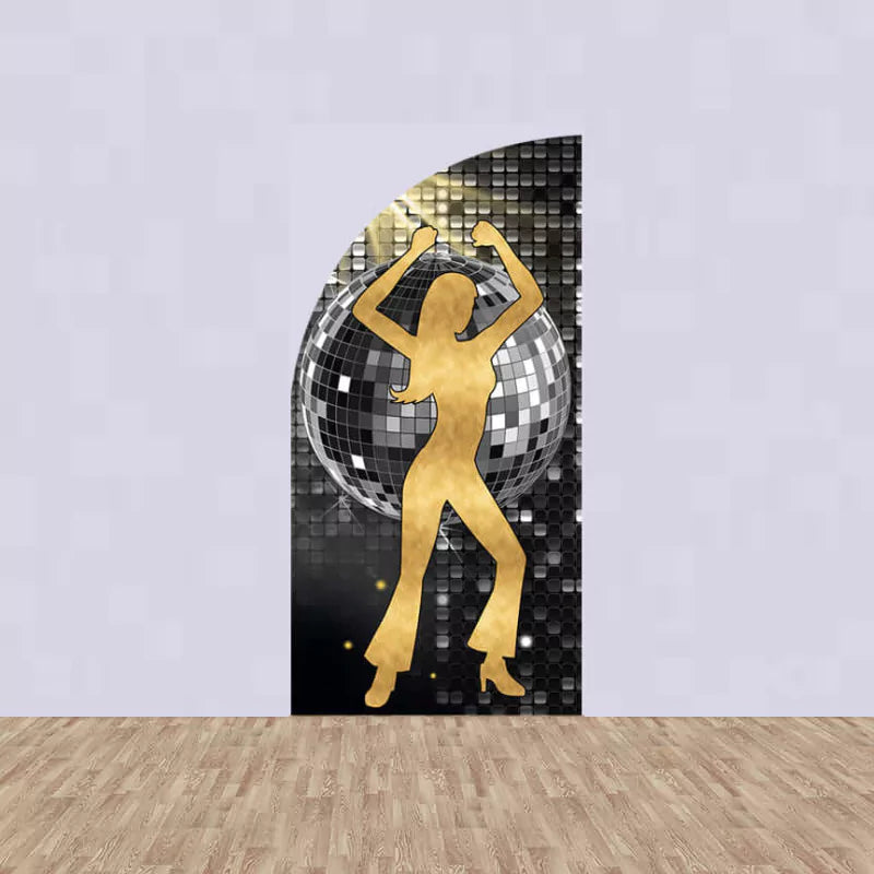 Left panel featuring a gold silhouette of a female disco dancer in front of a mirrored ball and black sequin-style background.