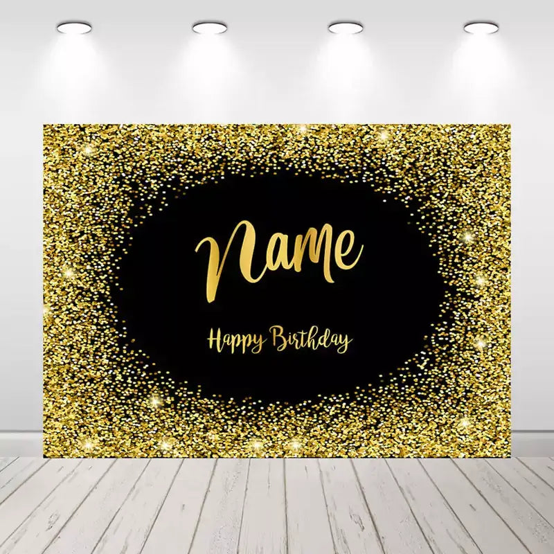Black and gold glitter birthday backdrop with sparkling confetti border and customizable name text – perfect for elegant birthday parties and photos