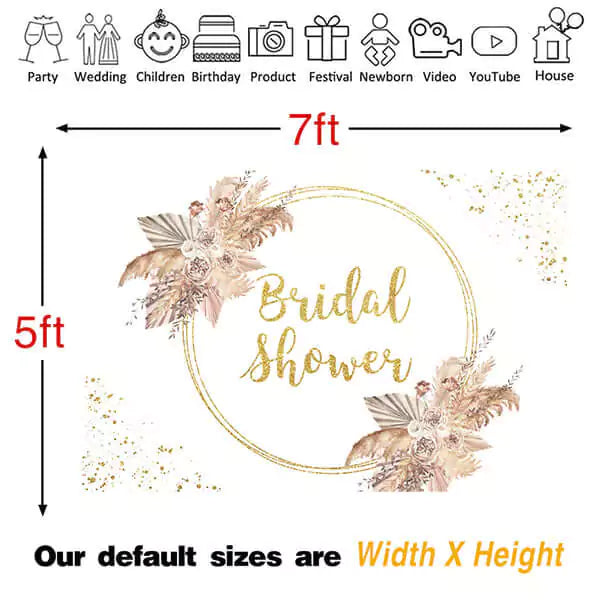 Soft floral Bridal Shower backdrop with gold glitter lettering, perfect for a sophisticated bridal shower celebration with a touch of elegance.