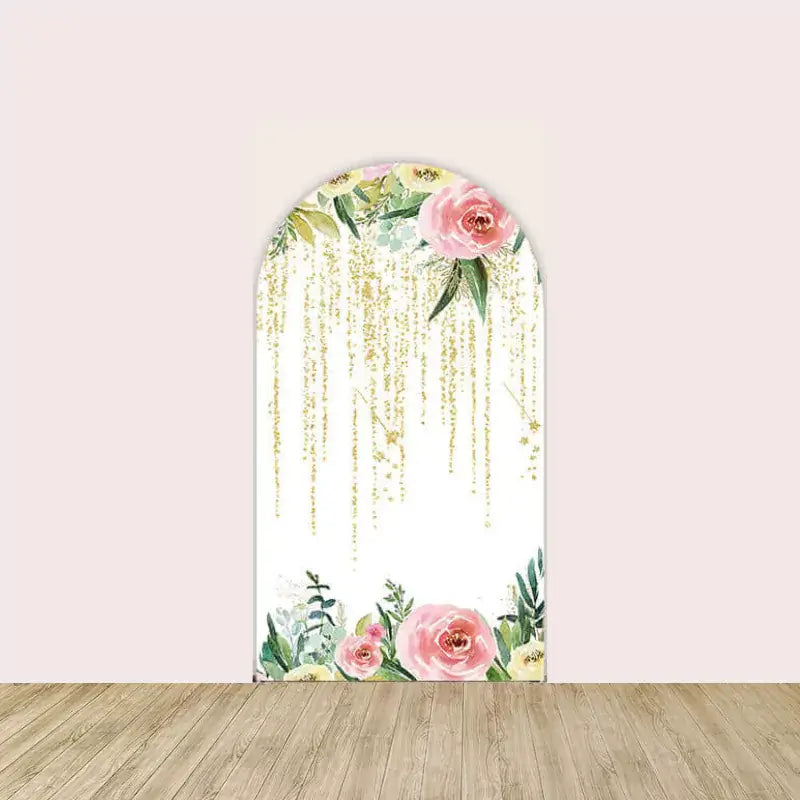 Right arch decorated with cascading gold glitter, blush pink roses, and soft green leaves—elegant and dreamy.