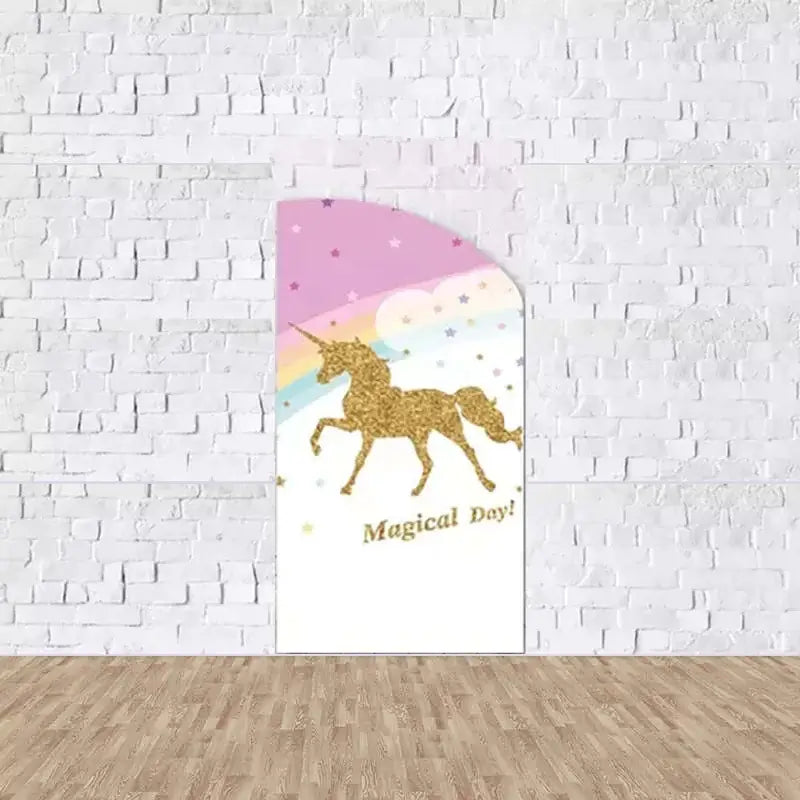 Right arch panel with a gold glitter unicorn silhouette, rainbow and stars, and the phrase “Magical Day!”—perfect for fantasy party decor.