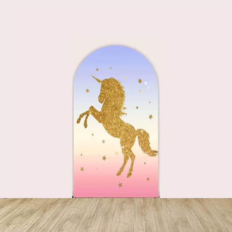Right panel with glitter gold rearing unicorn and scattered stars on a pink and purple ombré background—adds sparkle to unicorn-themed celebrations.