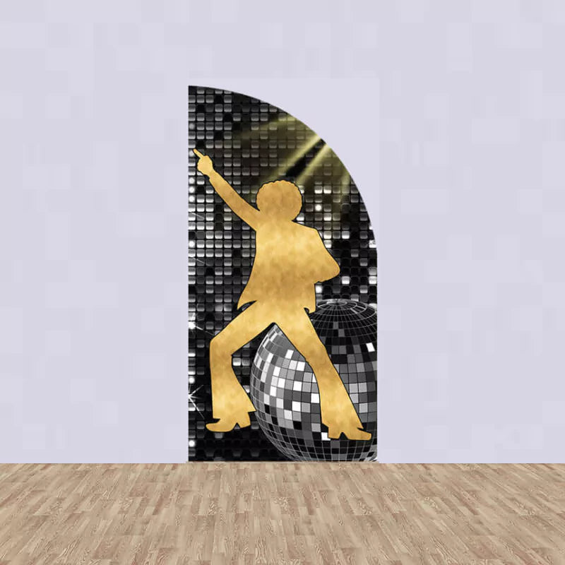 Right panel with a gold silhouette of a male disco dancer pointing upward in front of a mirrored ball with a black sequin background.