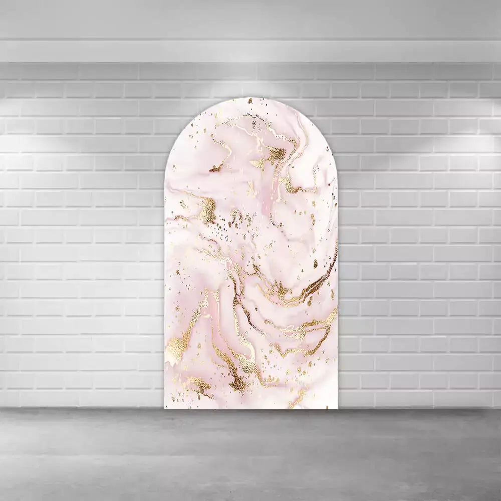 Center arch panel featuring pink marble with shimmering gold veins—perfect for luxury party focal points or feminine event setups.