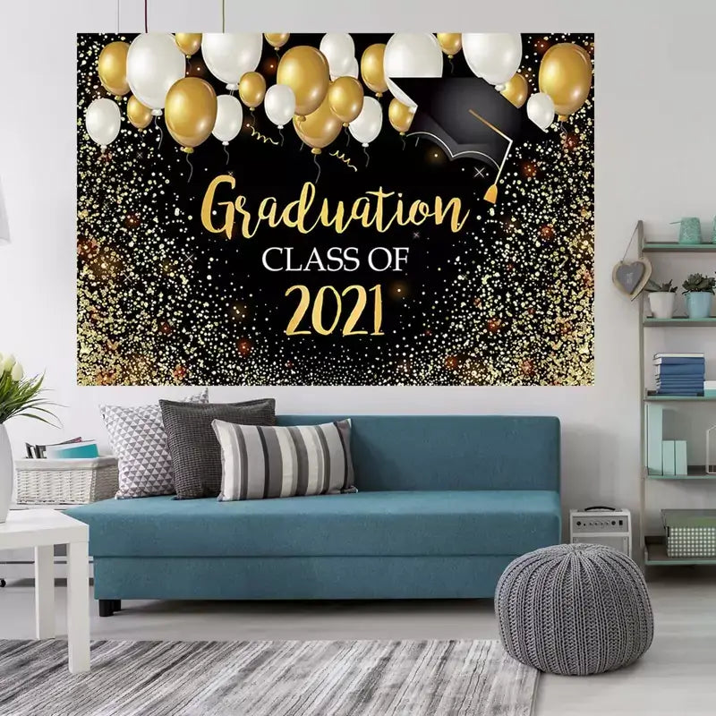 Class of 2021 graduation backdrop featuring a black background, gold balloons, and a graduation cap – perfect for festive party decor