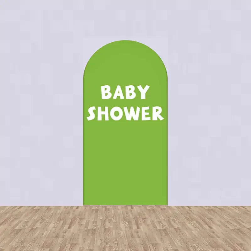 Center arch panel with solid green background and bold white “BABY SHOWER” text—great for photos and party decor.