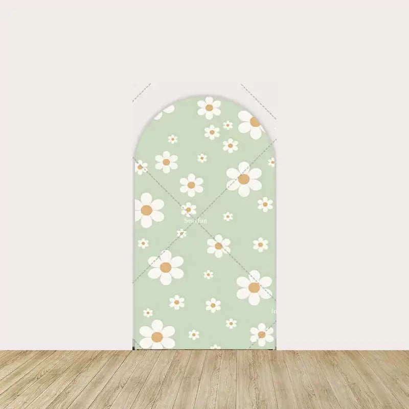 Mint green background with scattered white daisies.