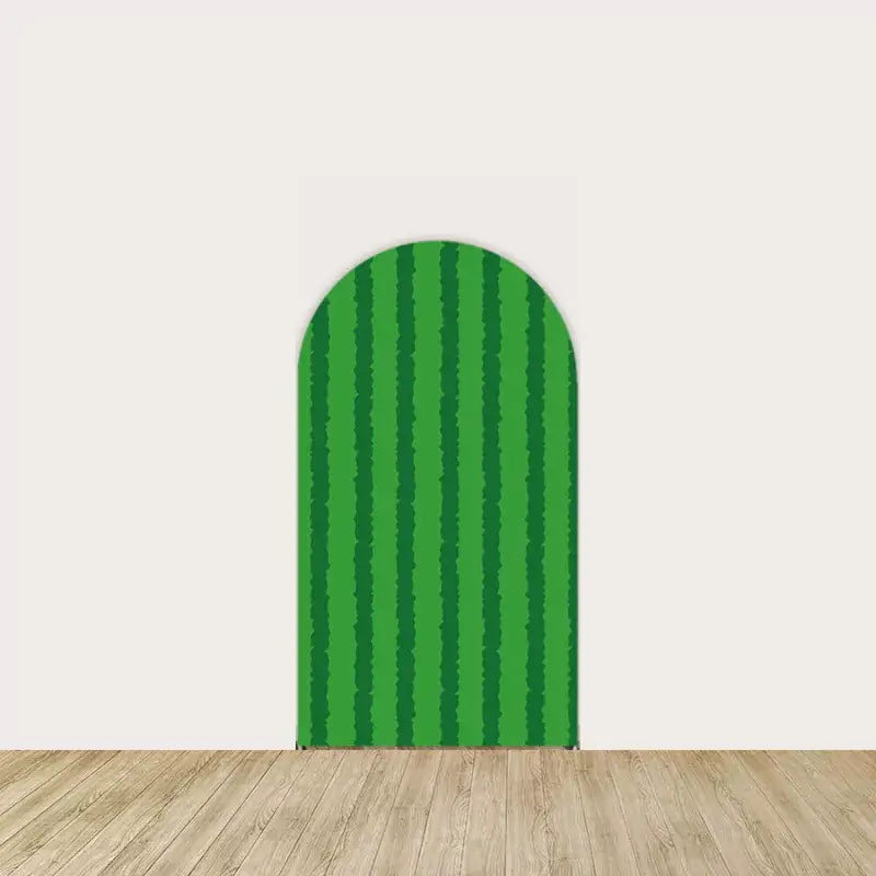 Right arch panel with vertical dark and light green stripes representing a stylized watermelon rind.