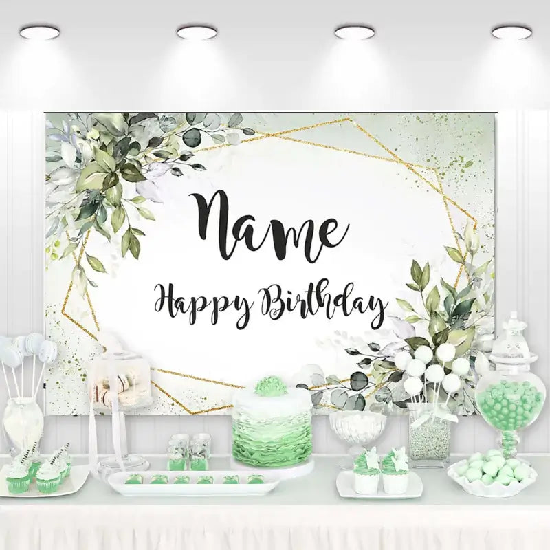 Elegant birthday party backdrop with greenery leaves and customizable name space.